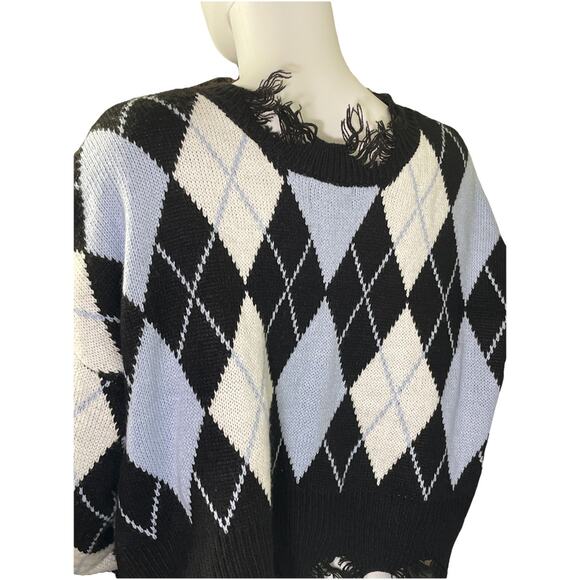 Just Polly Junior nit Argyle Knit Crop Sweater Distressed Fringe L - Picture 3 of 5